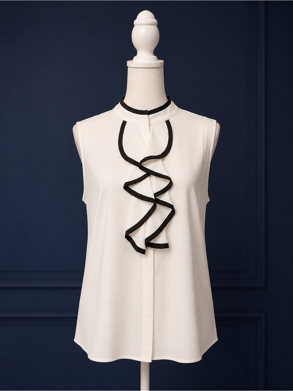 Sleeveless White Ruffle Trim Blouse with Black Piping